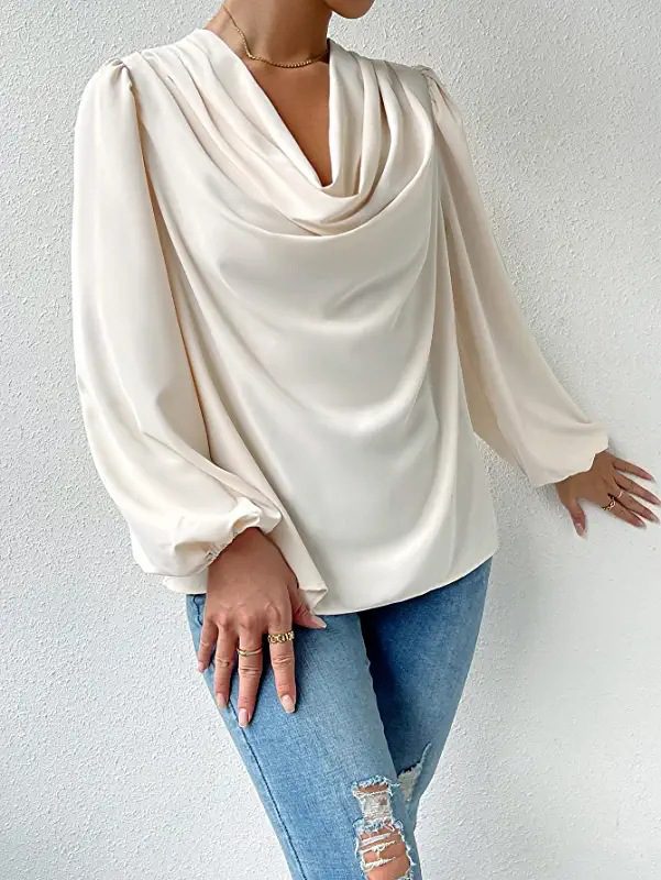Ženska svilena bluza z naborki, elegantna enobarvna