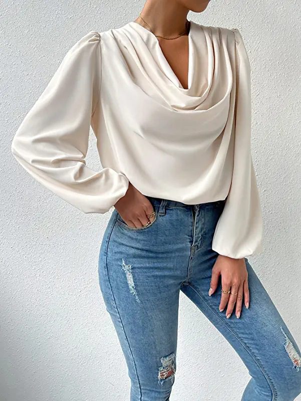 Ženska svilena bluza z naborki, elegantna enobarvna