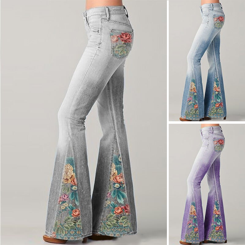 Modne široke hlače s cvetličnim potiskom Ombre