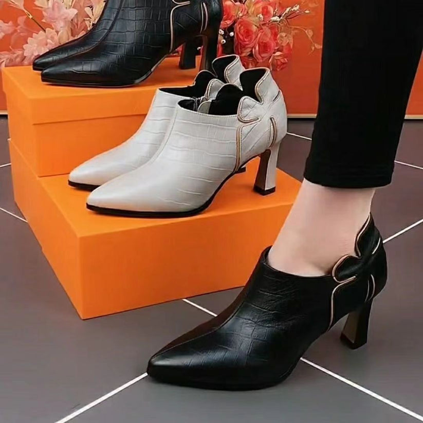Pomlad 2023, novi modni usnjeni čevlji z debelo peto, vsestranski čevlji s koničastimi konicami