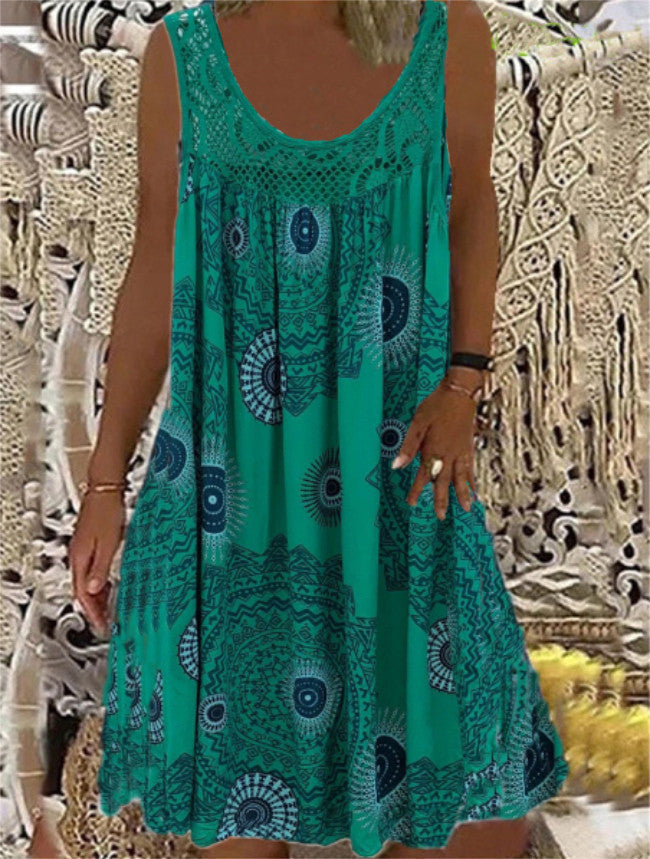 Poletna ženska obleka z o-izrezom, brez rokavov, s potiskom