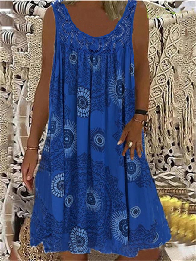 Poletna ženska obleka z o-izrezom, brez rokavov, s potiskom